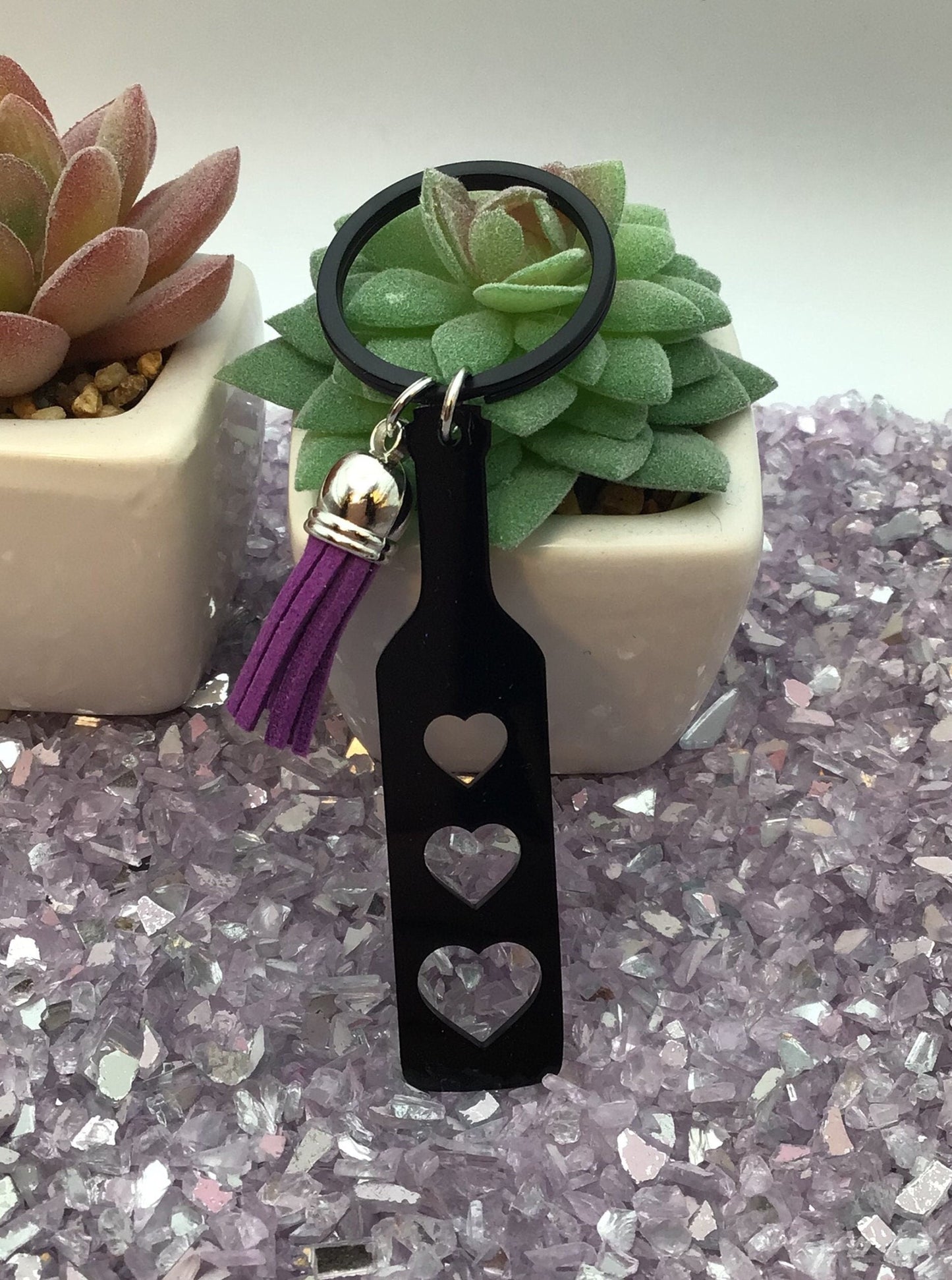 BDSM Heart Paddle Keyring, Black Acrylic w/Purple Tassel