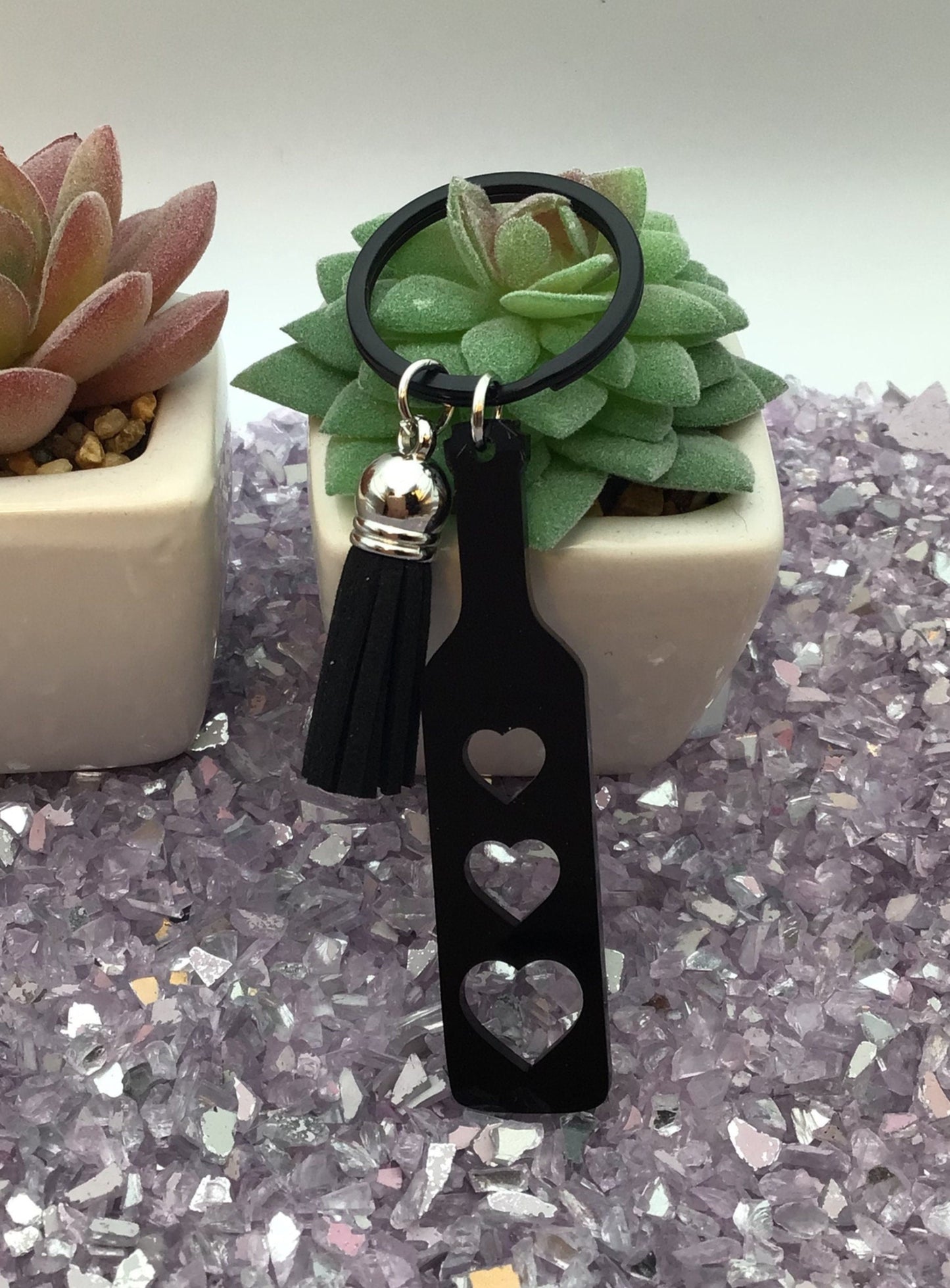 BDSM Heart Paddle Keyring, Black Acrylic w/Black Tassel