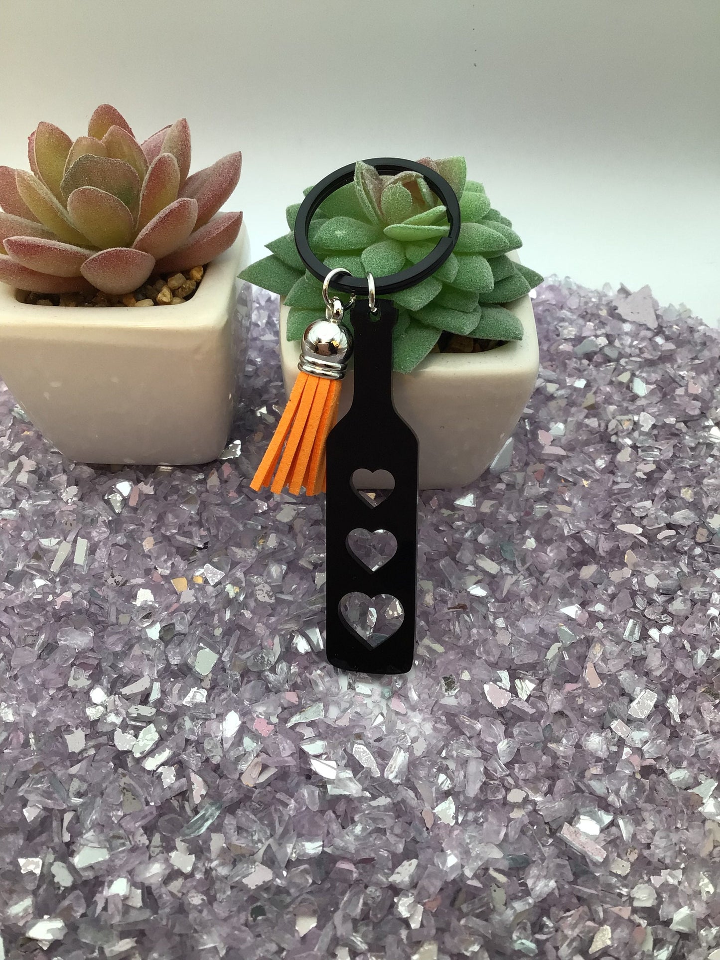 BDSM Heart Paddle Keyring, Black Acrylic w/Orange Tassel