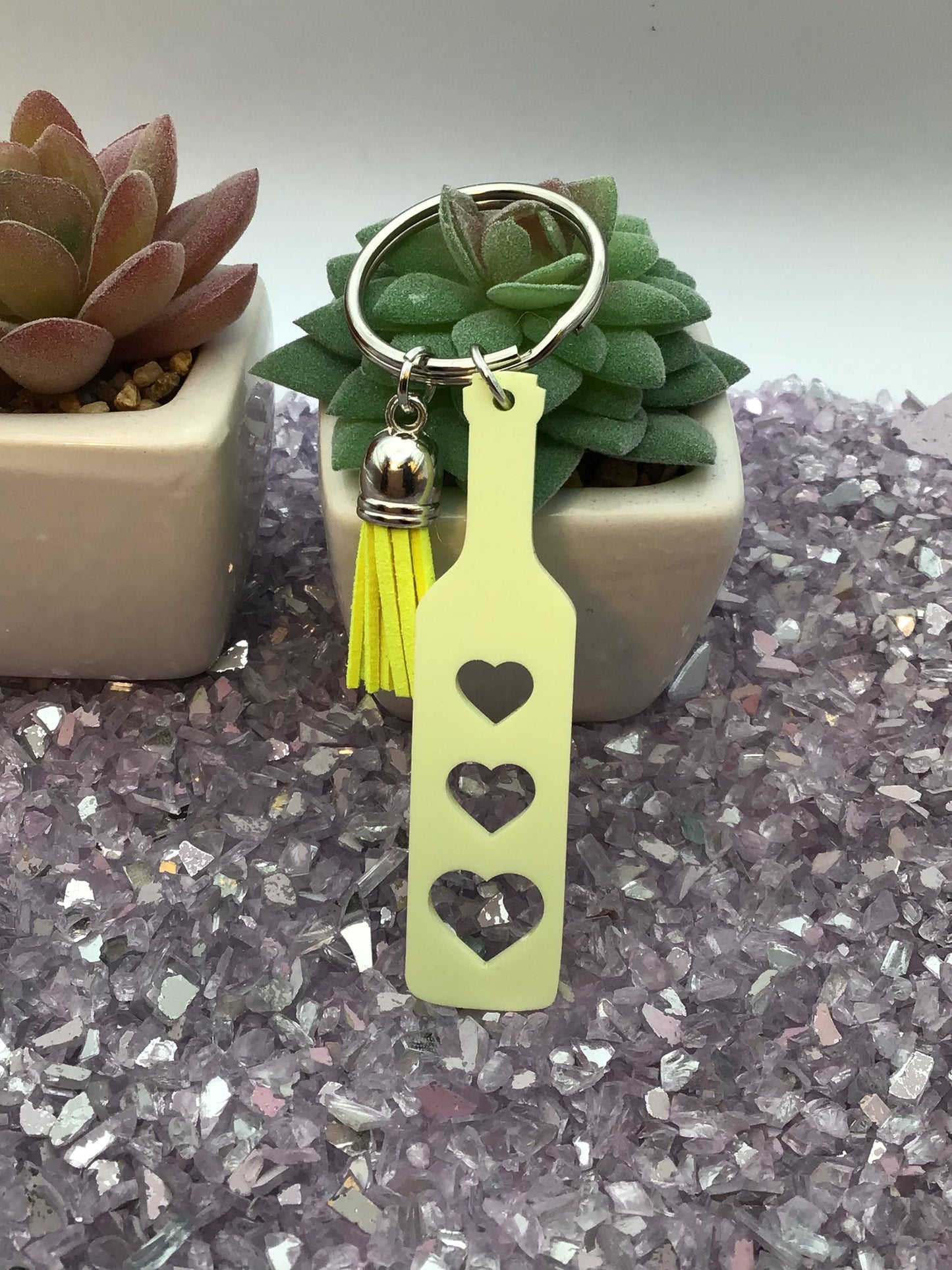 BDSM Heart Paddle Keyring, Buttercup Yellow Acrylic w/Neon Yellow Tassel