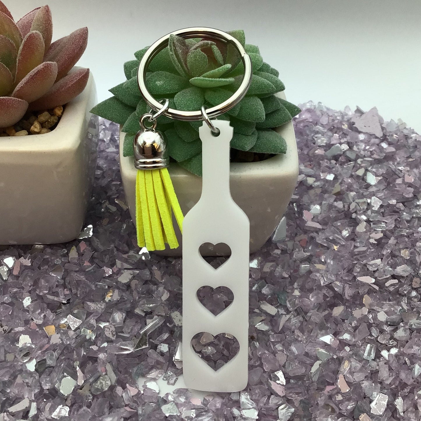 BDSM Heart Paddle Keyring, White Acrylic w/Neon Yellow Tassel