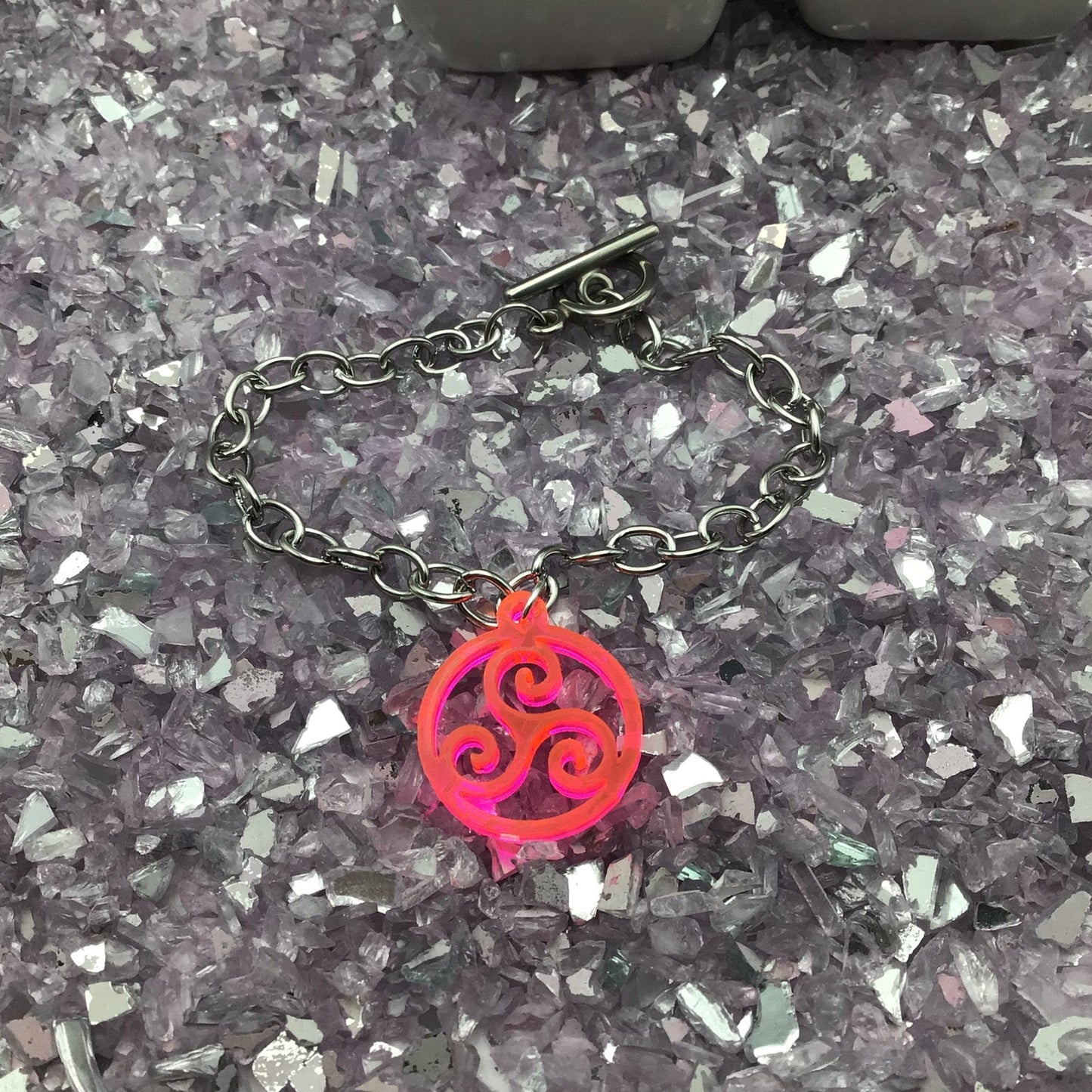 BDSM Triskelion Hot Pink Acrylic on 7" Chain Bracelet