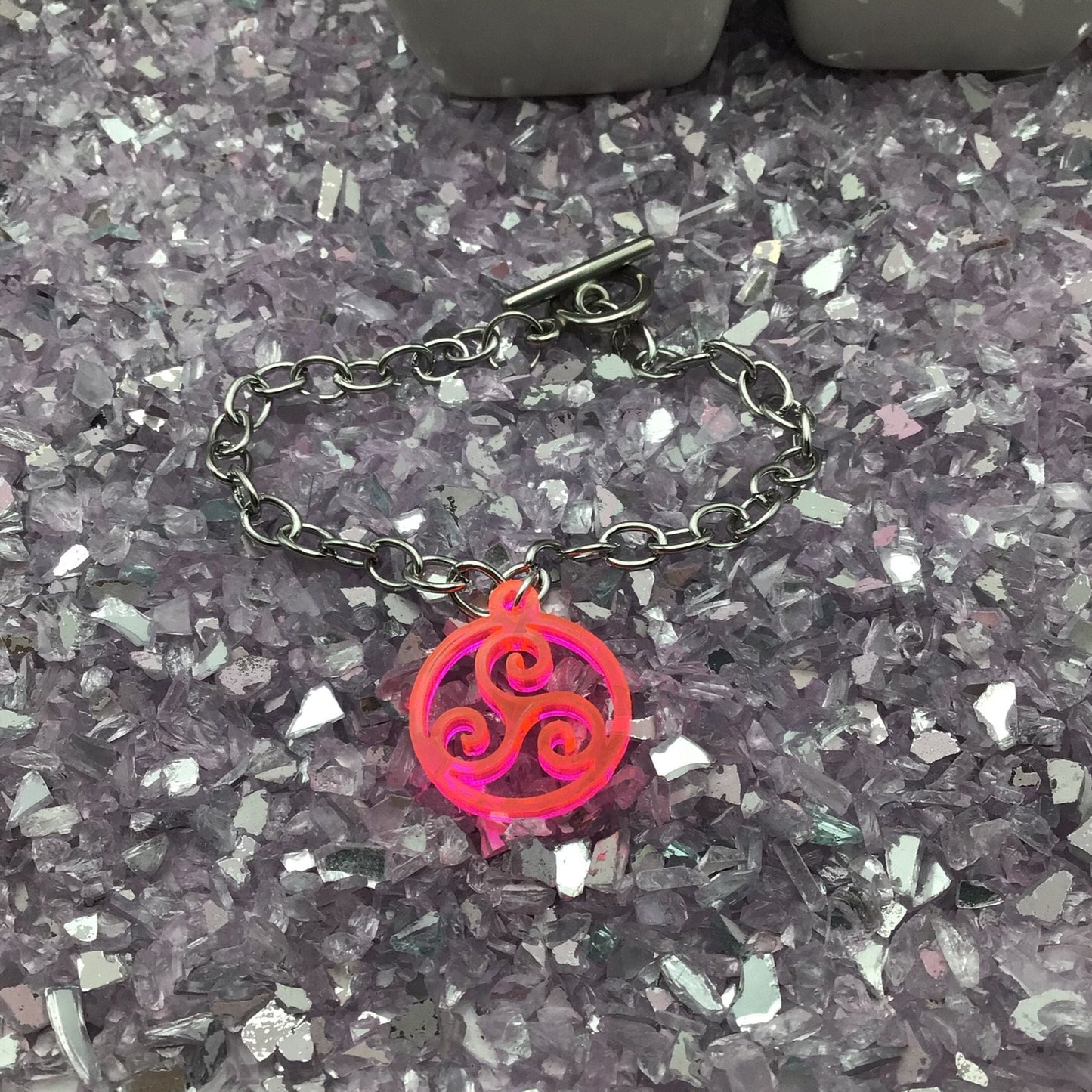 BDSM Triskelion Hot Pink Acrylic on 7" Chain Bracelet