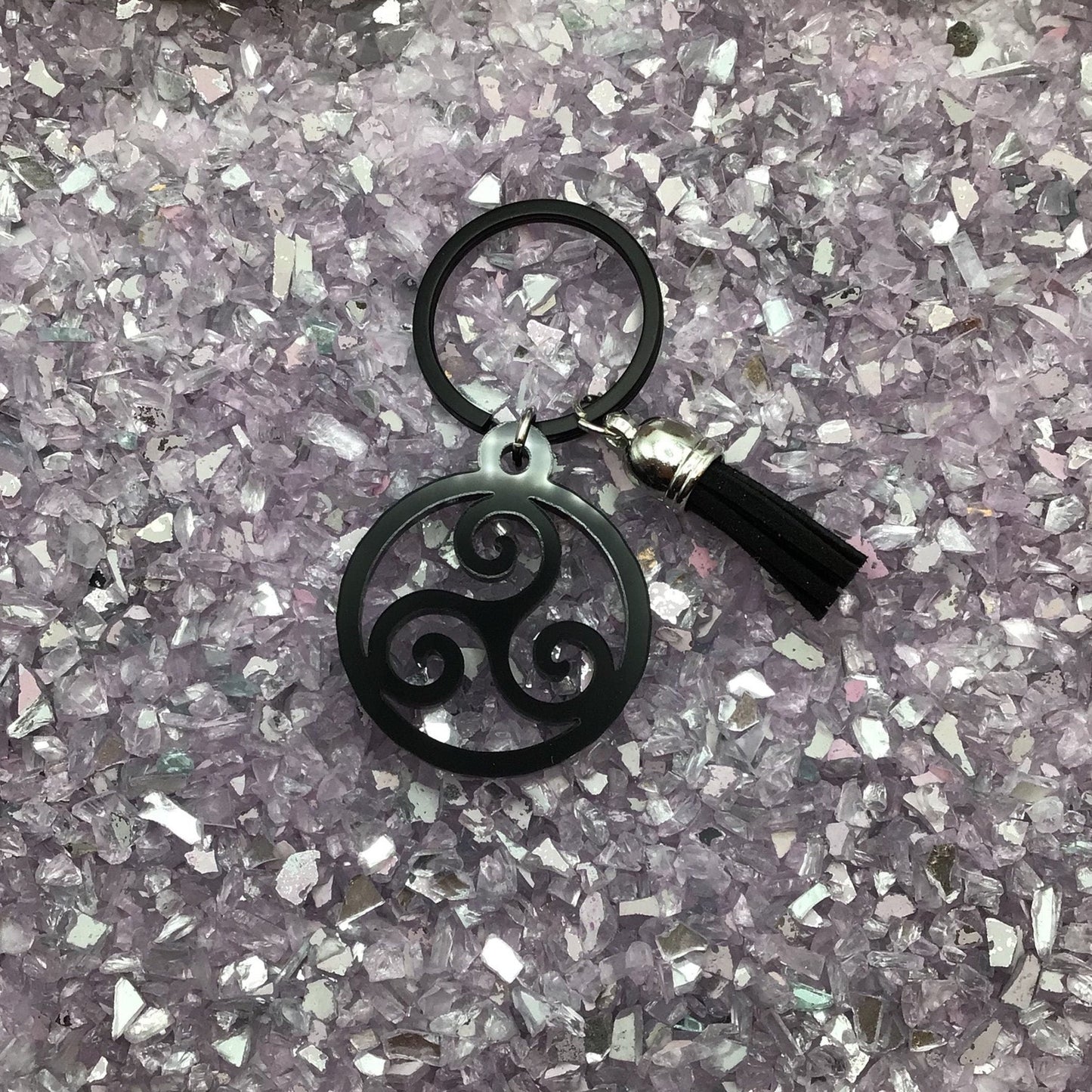 BDSM Triskelion Keyring, Black Acrylic & Tassel