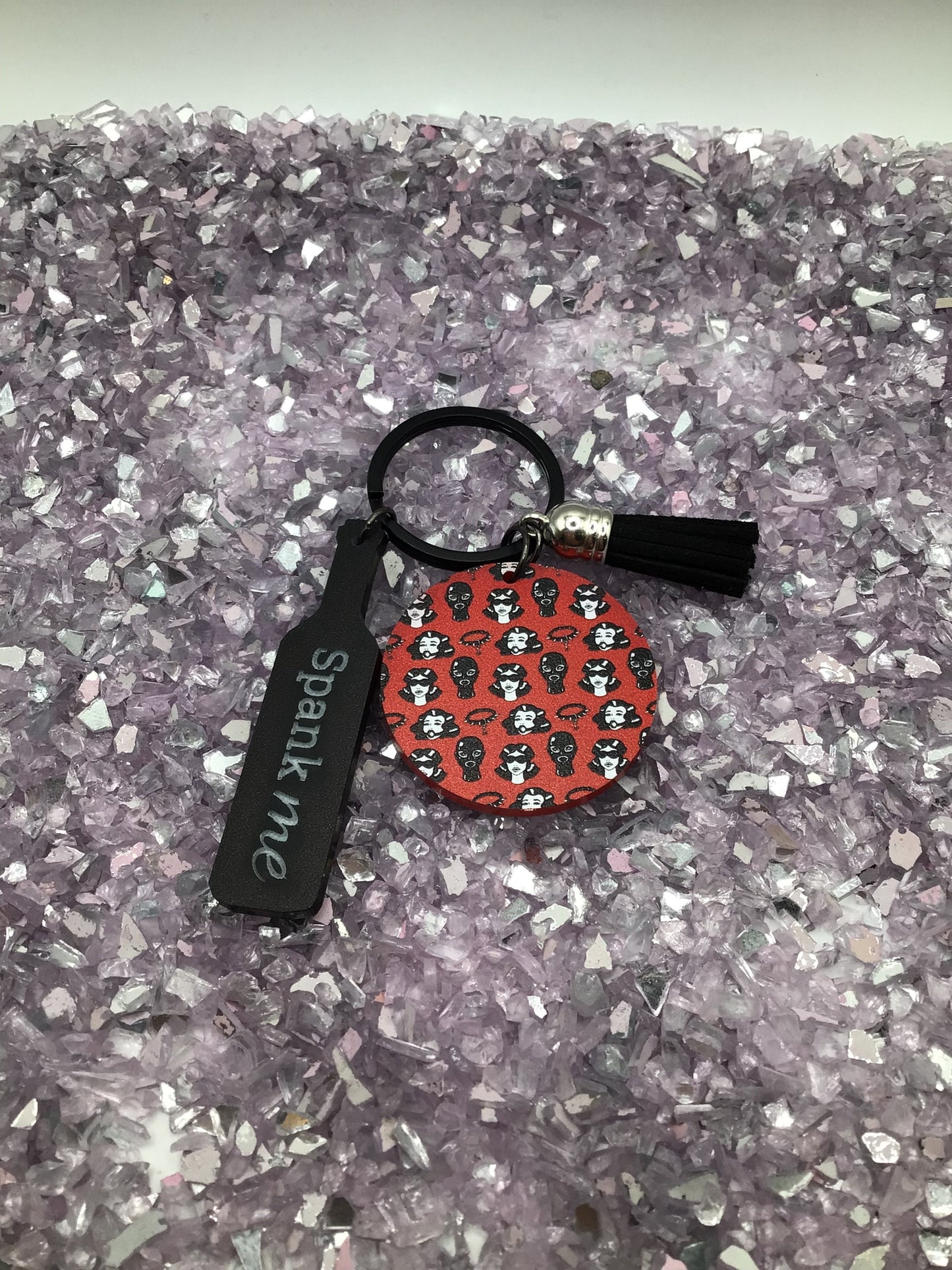 BDSM Kink Gag Round Keyring w/ Spank Me Paddle in Black Acrylic w/Black Tassel