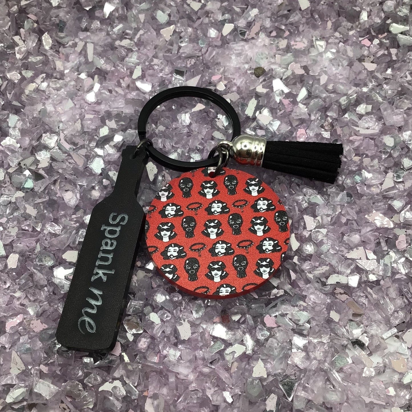 BDSM Kink Gag Round Keyring w/ Spank Me Paddle in Black Acrylic w/Black Tassel